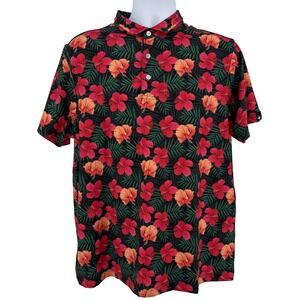 Destiny Golf Polo Men's L Red Hibiscus Black Tropical Performance